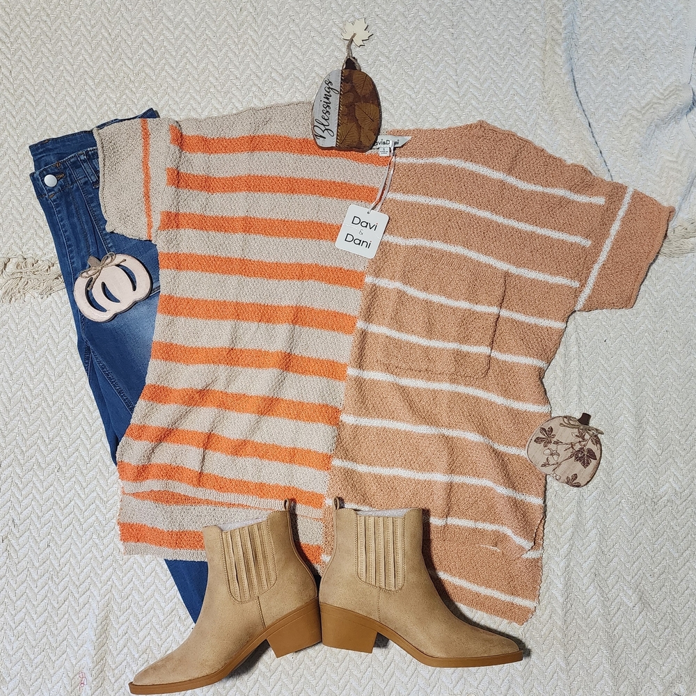 Davi & Dani Orange and Tan Striped Boho Western Textured Short Sleeve Top